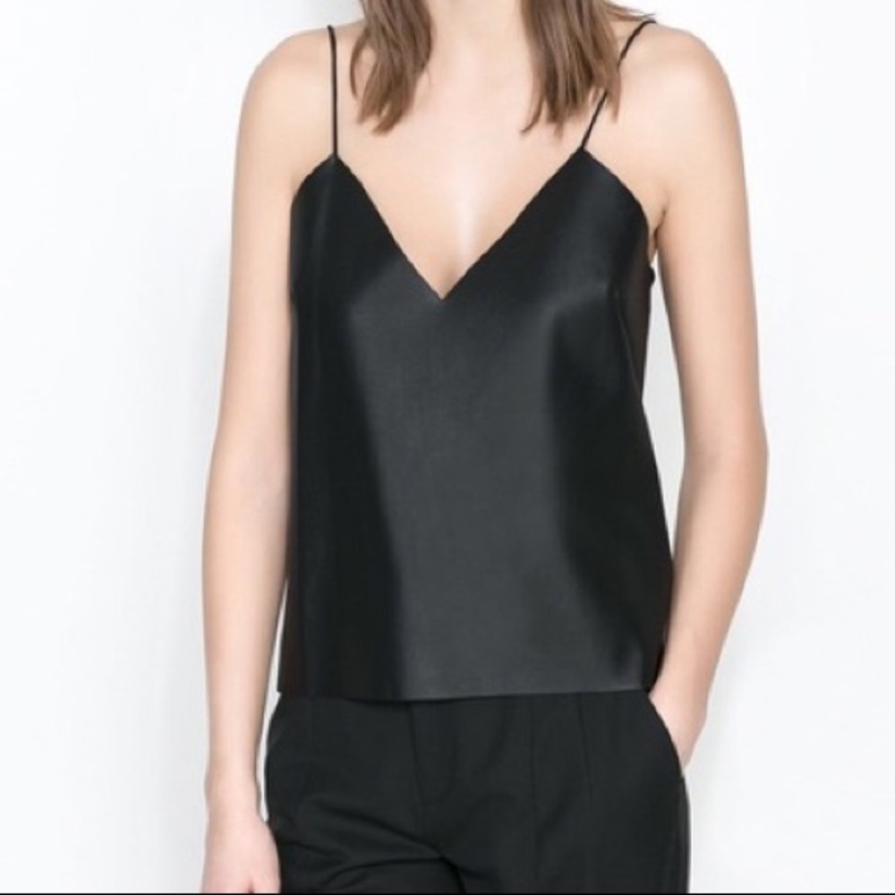 Zara Faux Leather tank black blouse Small Trafaluc